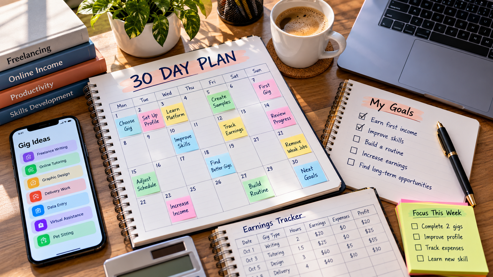 Beginner's Guide to Gig Work showing a 30 day planning routine.