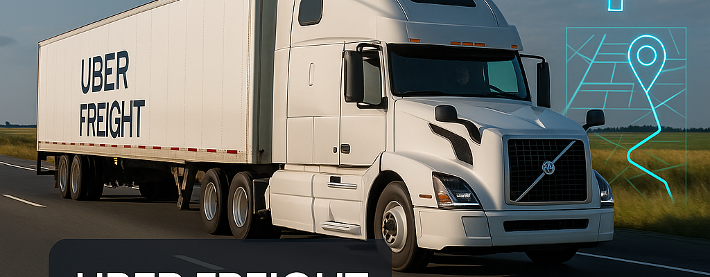 AI-powered Uber Freight dashboard displaying optimized truck routes on a digital logistics map