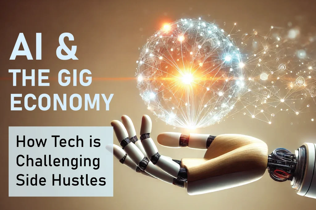 Freelancer working on laptop with AI icons, representing gig economy and technology in 2025