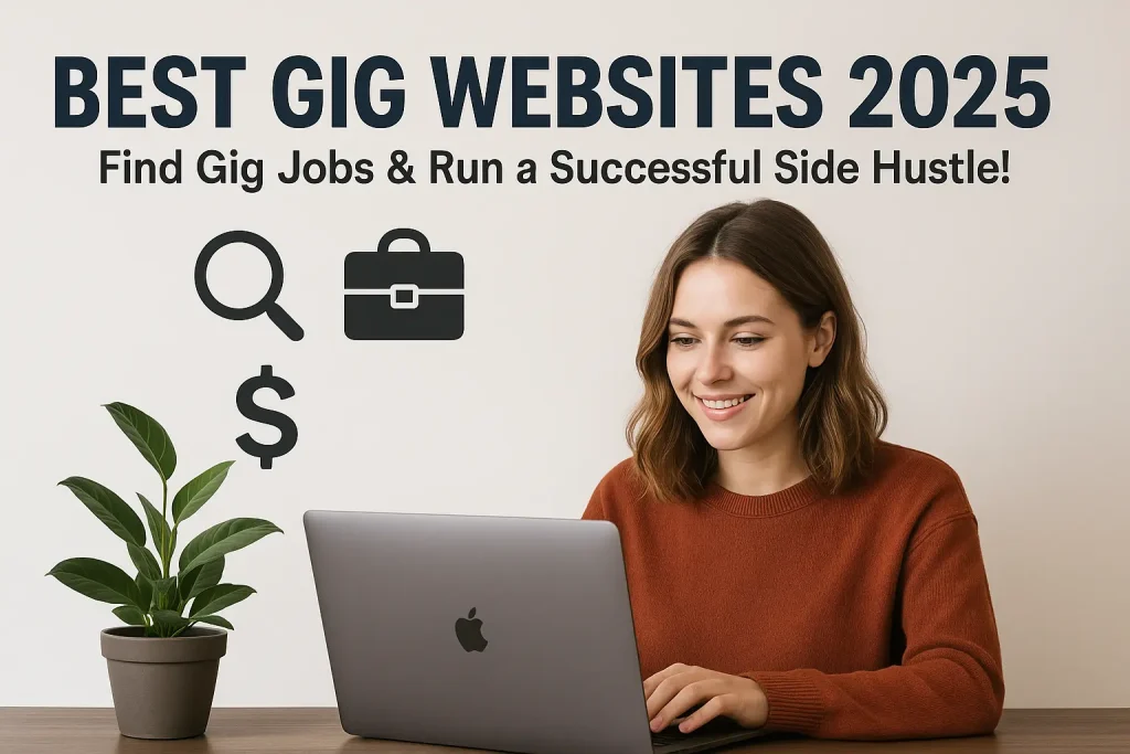 Young woman smiling while working on a laptop at home, promoting best gig websites and side hustles for 2025