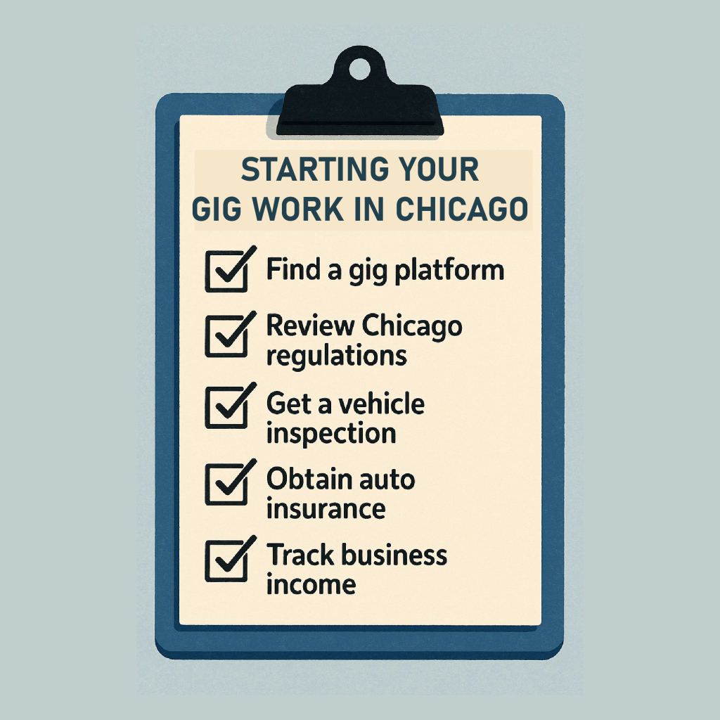 A clipboard holding a checklist titled "Starting Your Gig Work in Chicago," listing steps like finding a gig platform, reviewing regulations, vehicle inspection, insurance, and tracking income.
