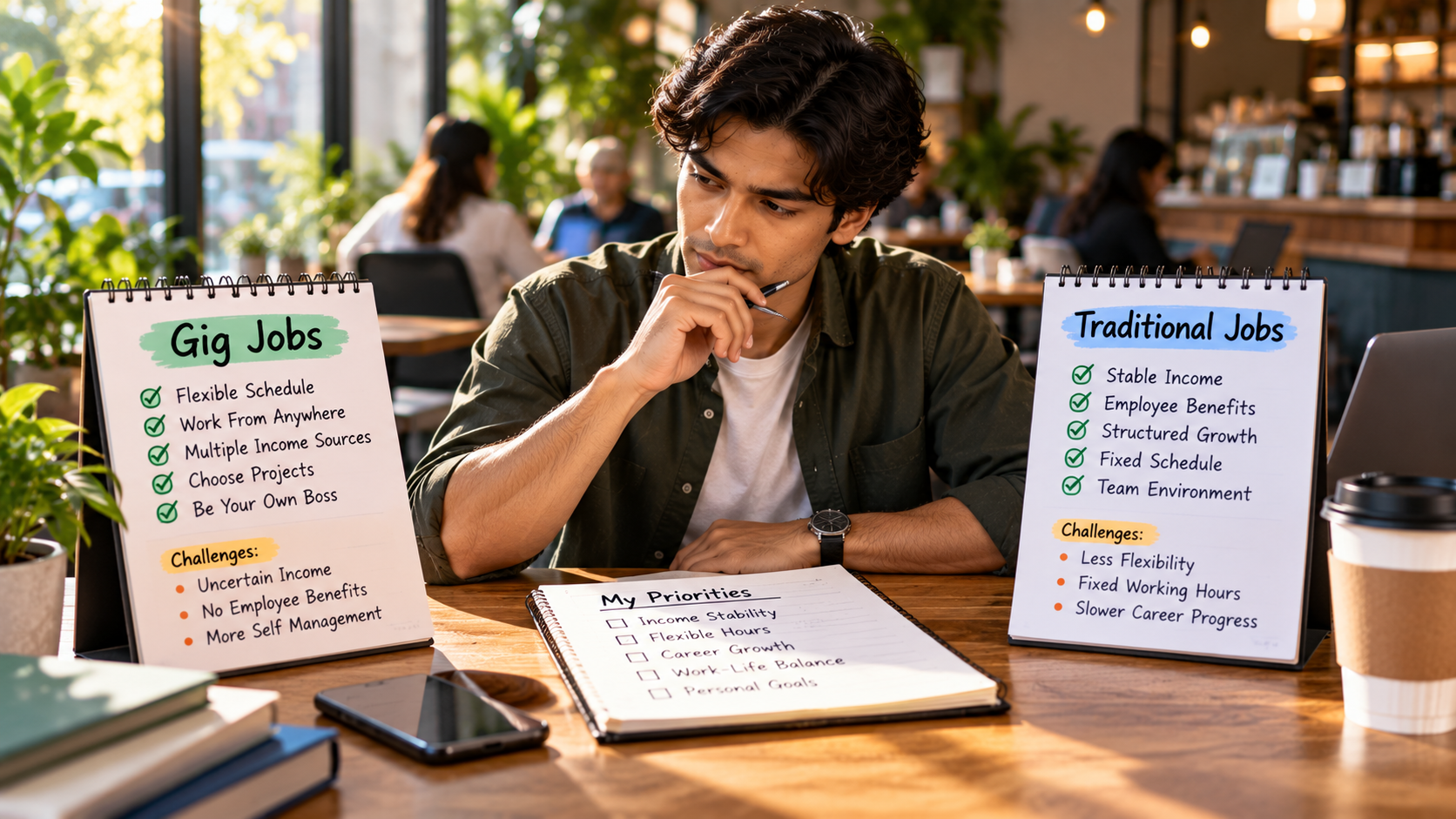 Gig Jobs vs. Traditional Jobs decision based on income, flexibility, and benefits.