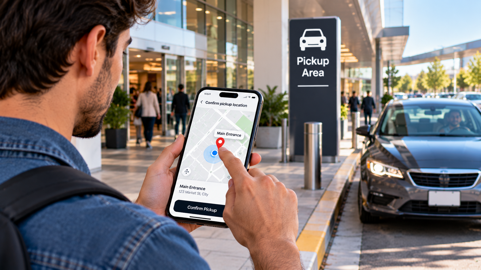 Beginner requesting a rideshare car on a smartphone while waiting on a city sidewalk.