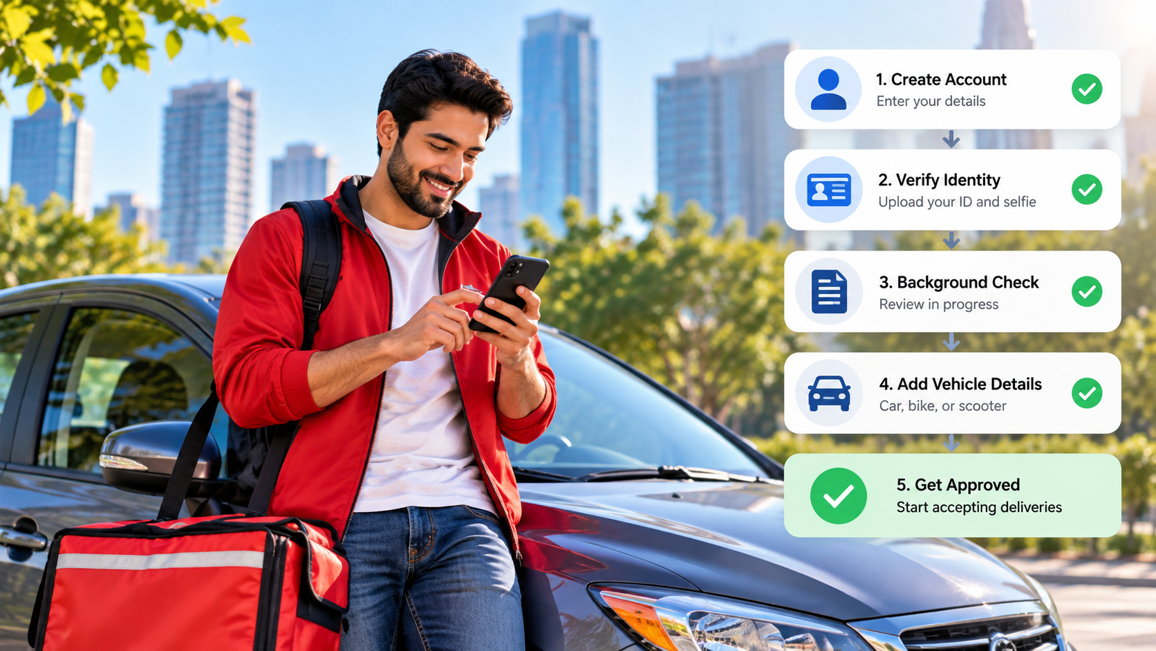New delivery driver reviewing signup steps beside a car with a delivery bag.