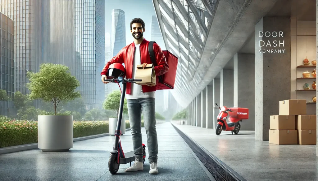 DoorDash delivery driver in a red jacket standing next to an electric scooter with a delivery bag, set in a modern city environment.