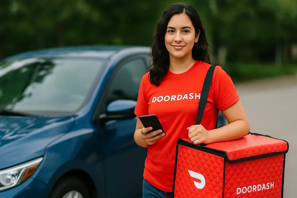 DoorDash driver holding delivery bag and phone beside a car, ready to start deliveries