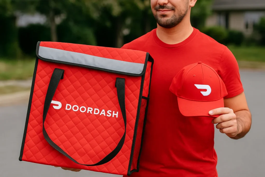 DoorDash driver holding branded delivery bag and red cap outdoors