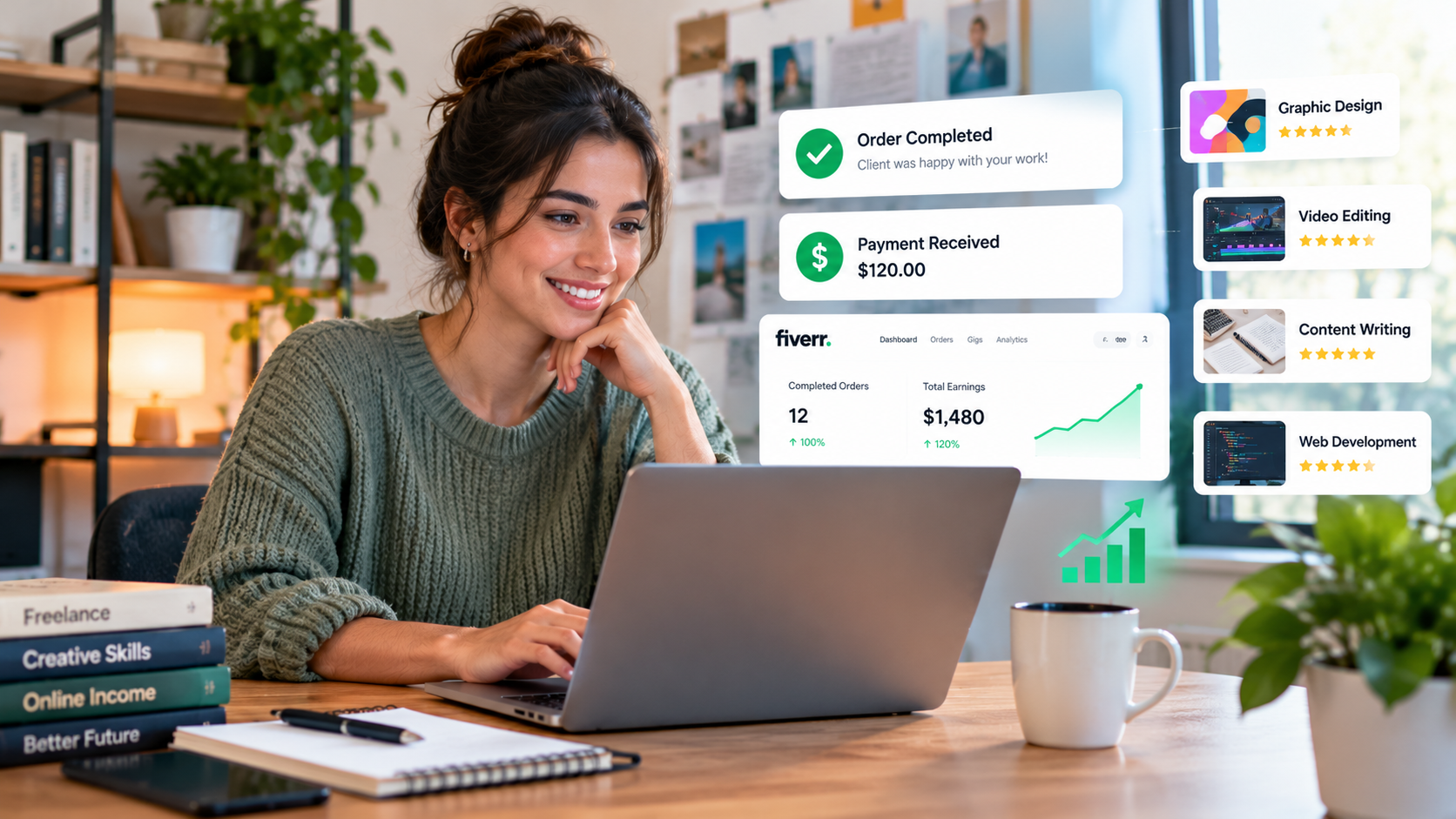 Freelancer working from home on creative digital services using a laptop