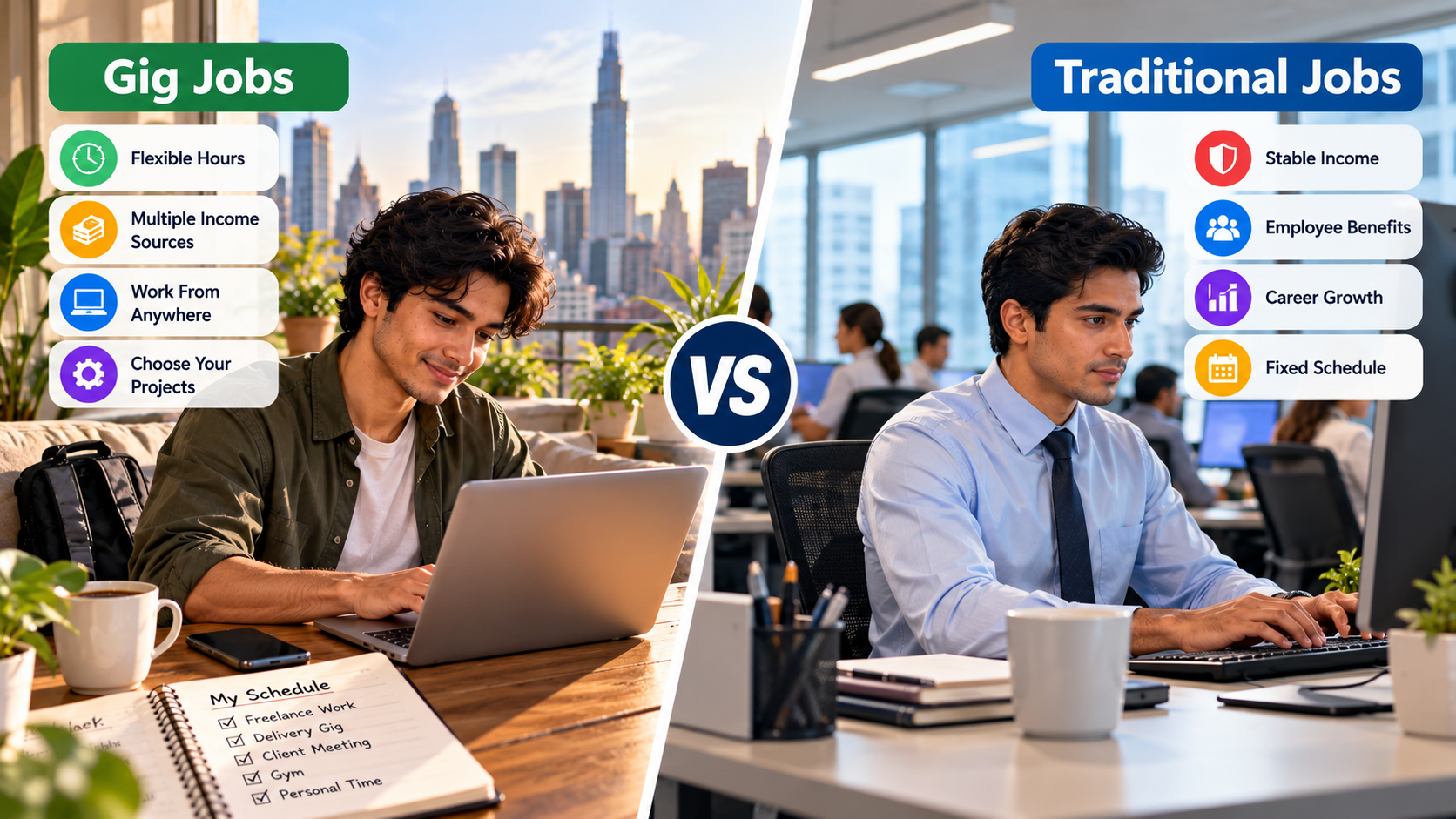 Gig Jobs vs. Traditional Jobs comparison between flexible and stable work.