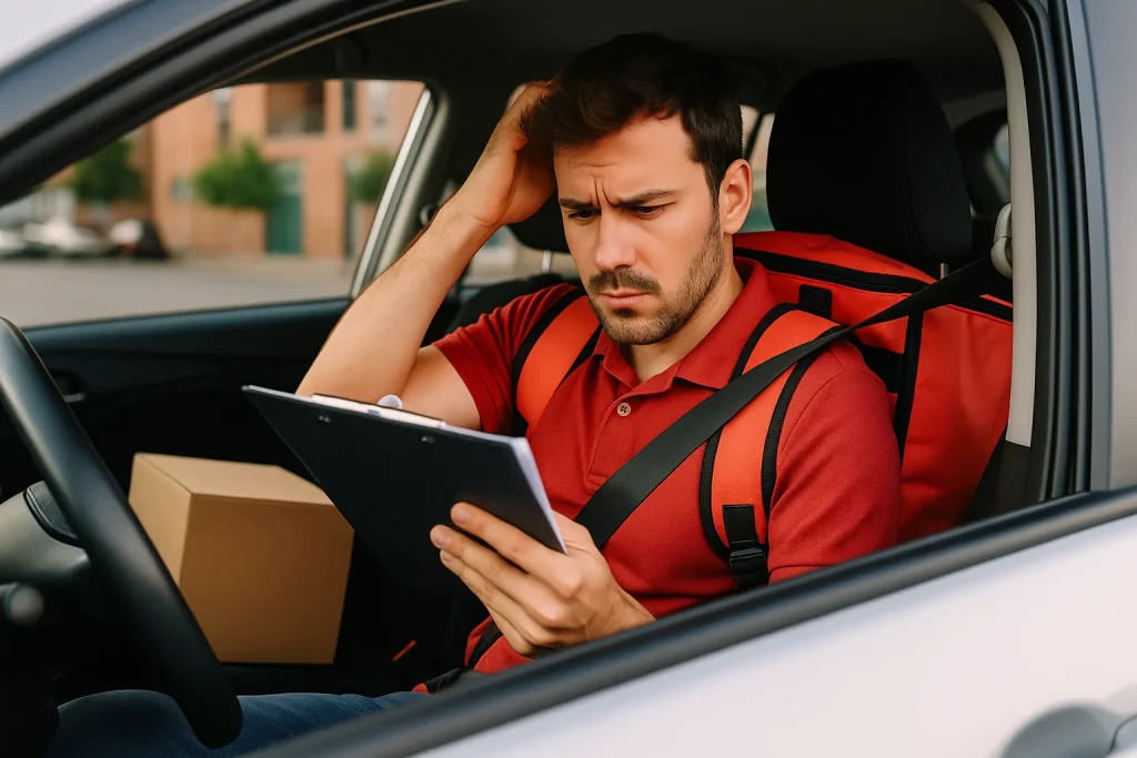 Worried delivery driver reviewing clipboard in car — common gig worker mistake during shift