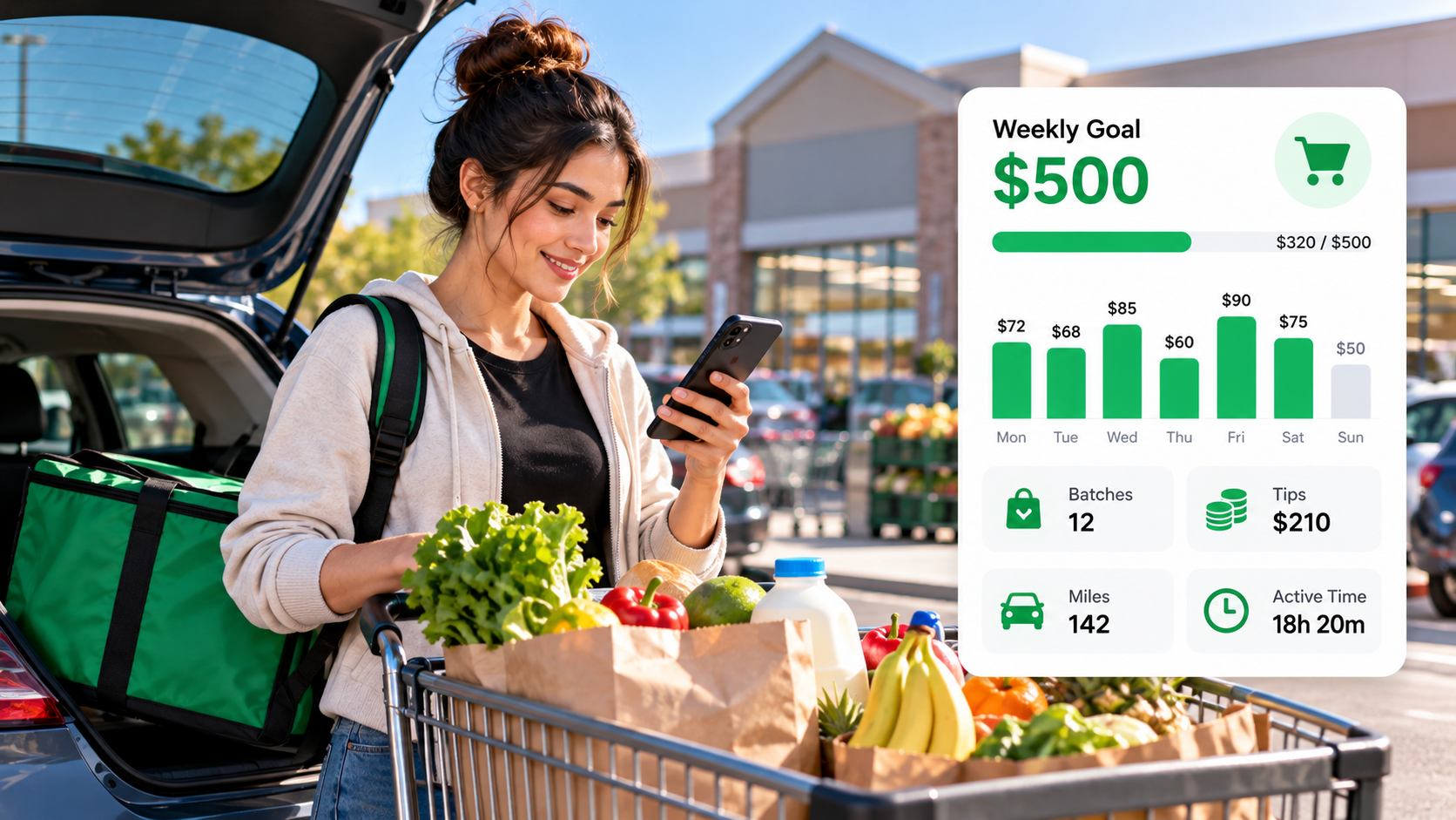 Grocery delivery shopper tracking weekly earnings and progress toward a $500 income goal.