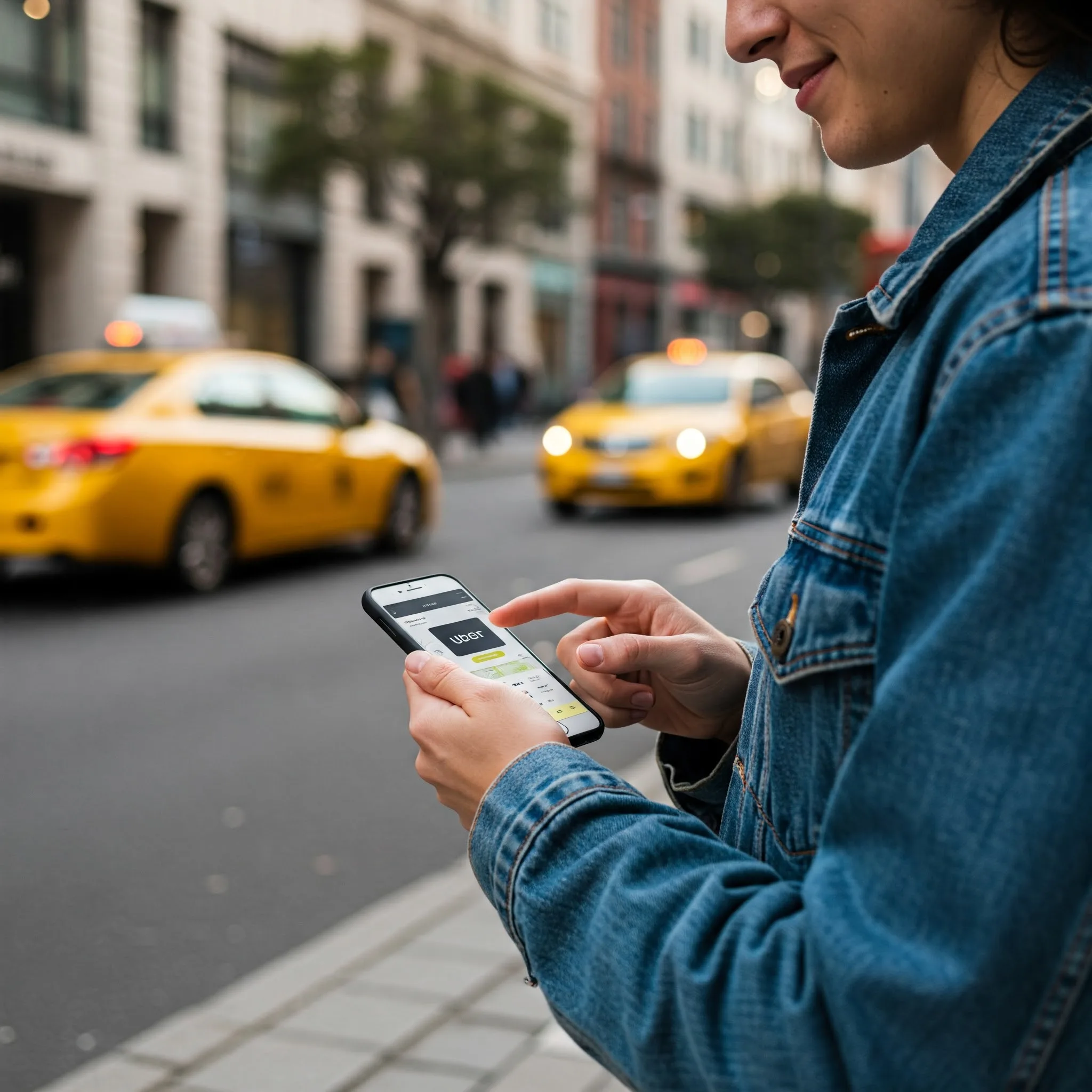 User requesting a ride on the Uber app using a smartphone