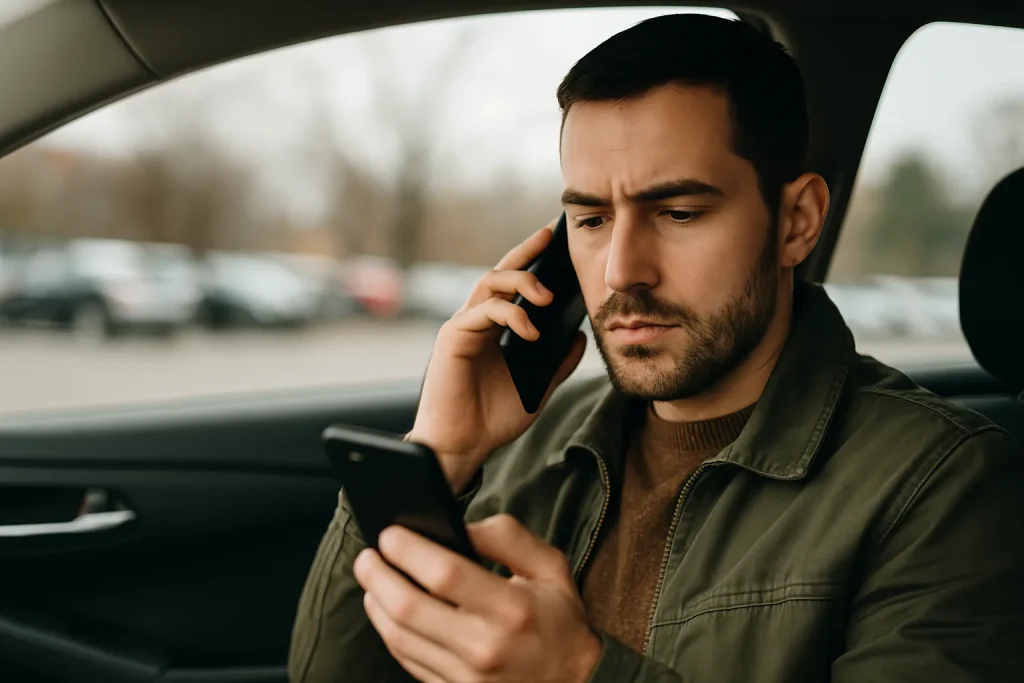 Gig worker multitasking with two phones inside a car