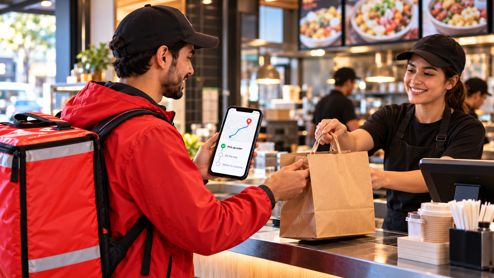 Food delivery driver picking up an order and checking the delivery route on a smartphone.