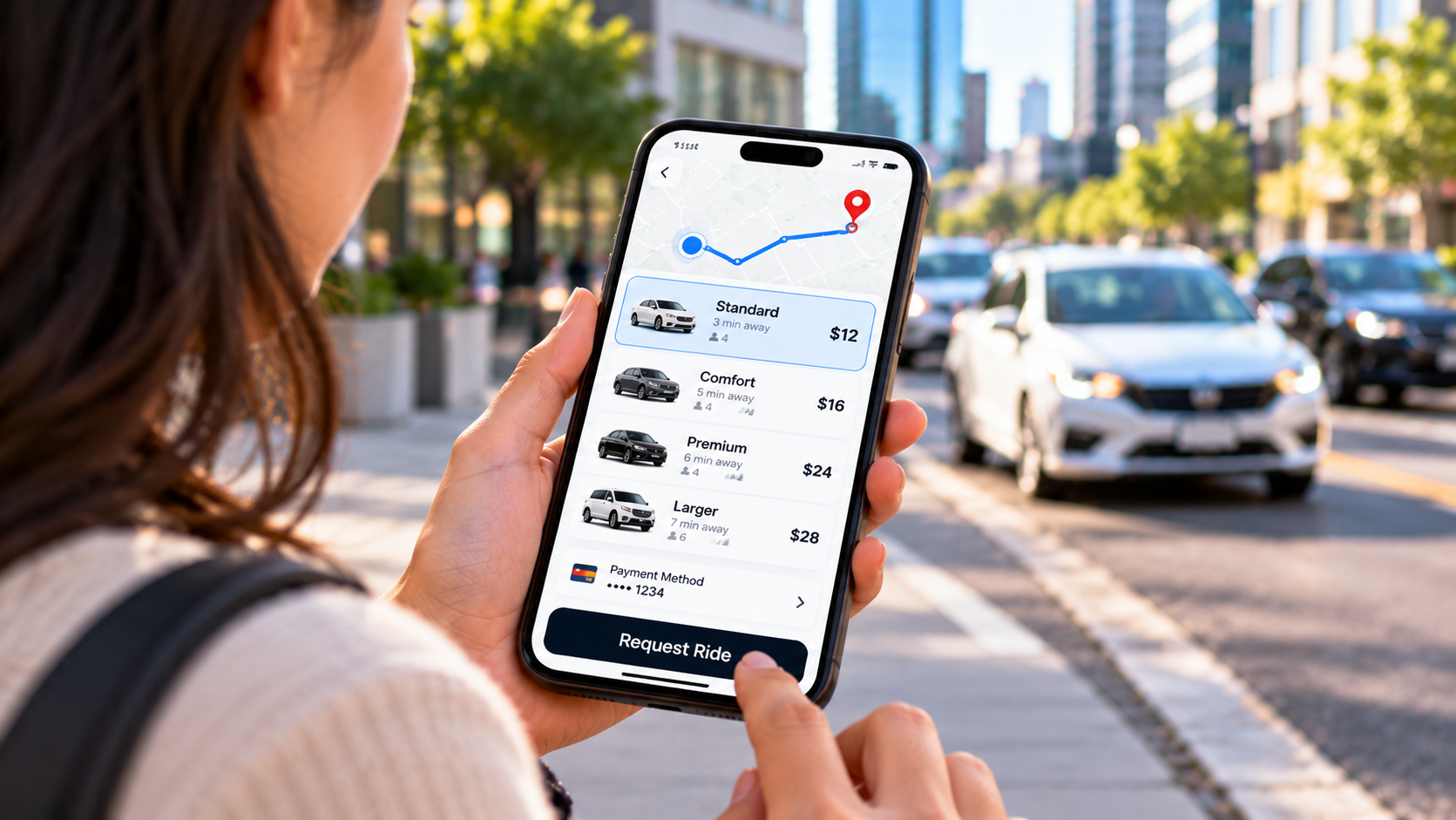 Rider adjusting the pickup location on a smartphone map before requesting a car.