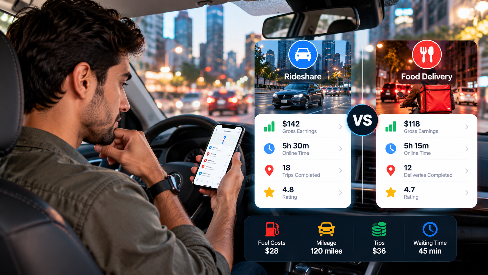 Gig worker comparing rideshare and delivery earnings, tips, mileage and expenses on a smartphone.