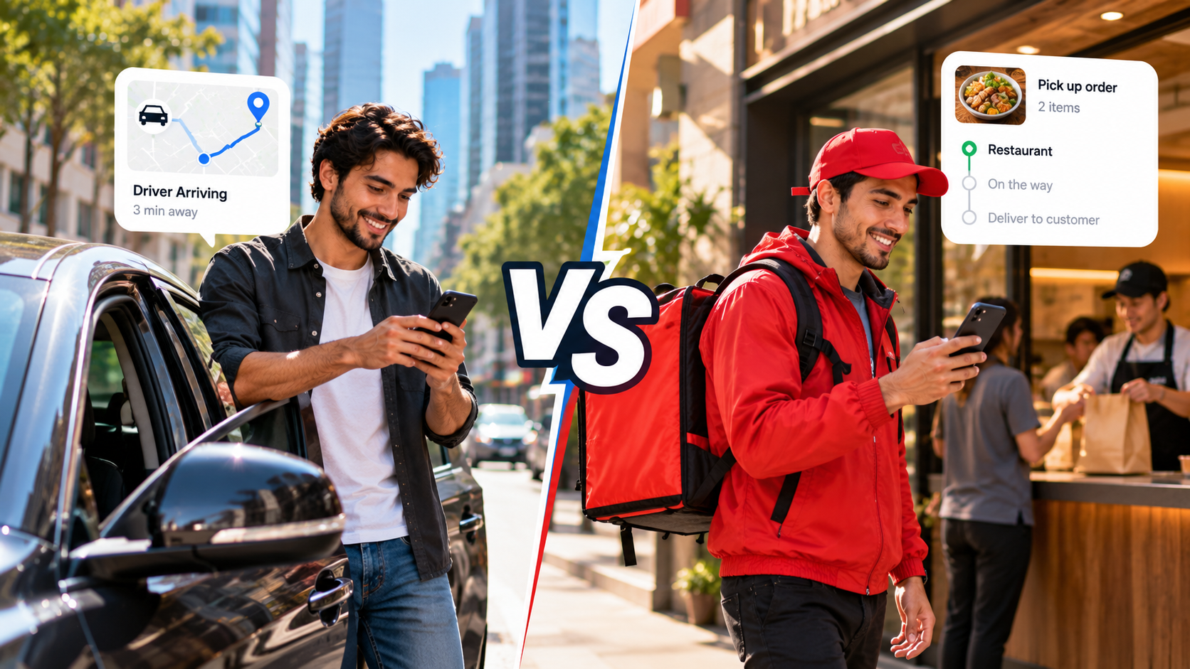 Uber and DoorDash gig workers compared through rideshare and food delivery work in a modern city.