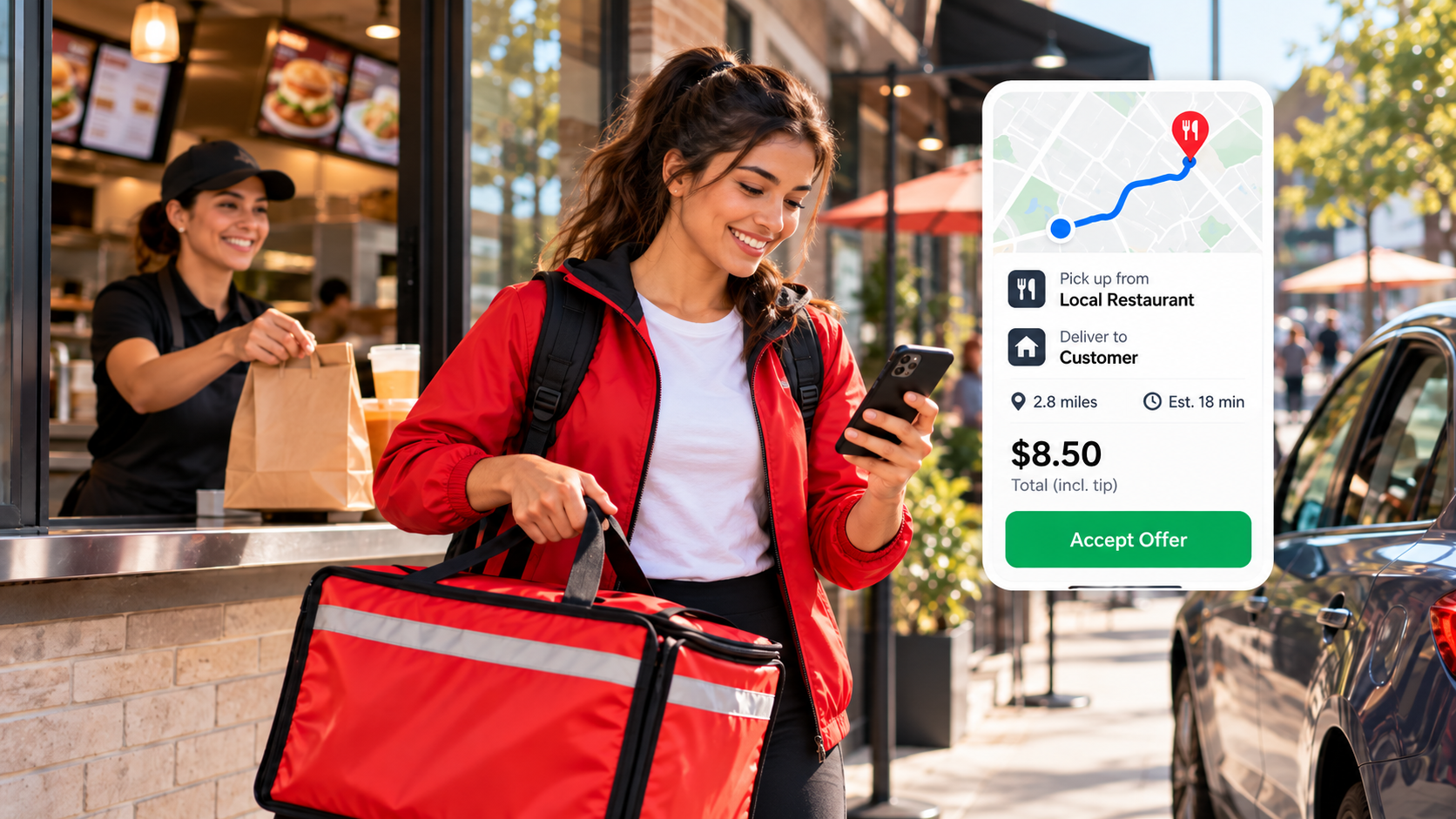 Delivery driver preparing identity, insurance, registration, and signup documents.