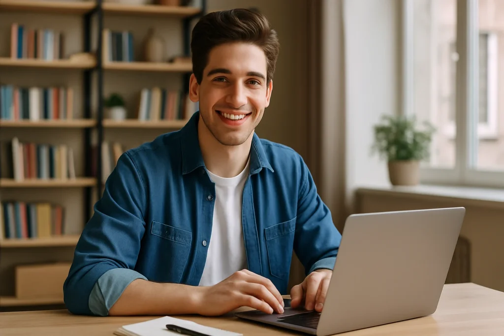 Young freelancer working on a laptop in a bright home office