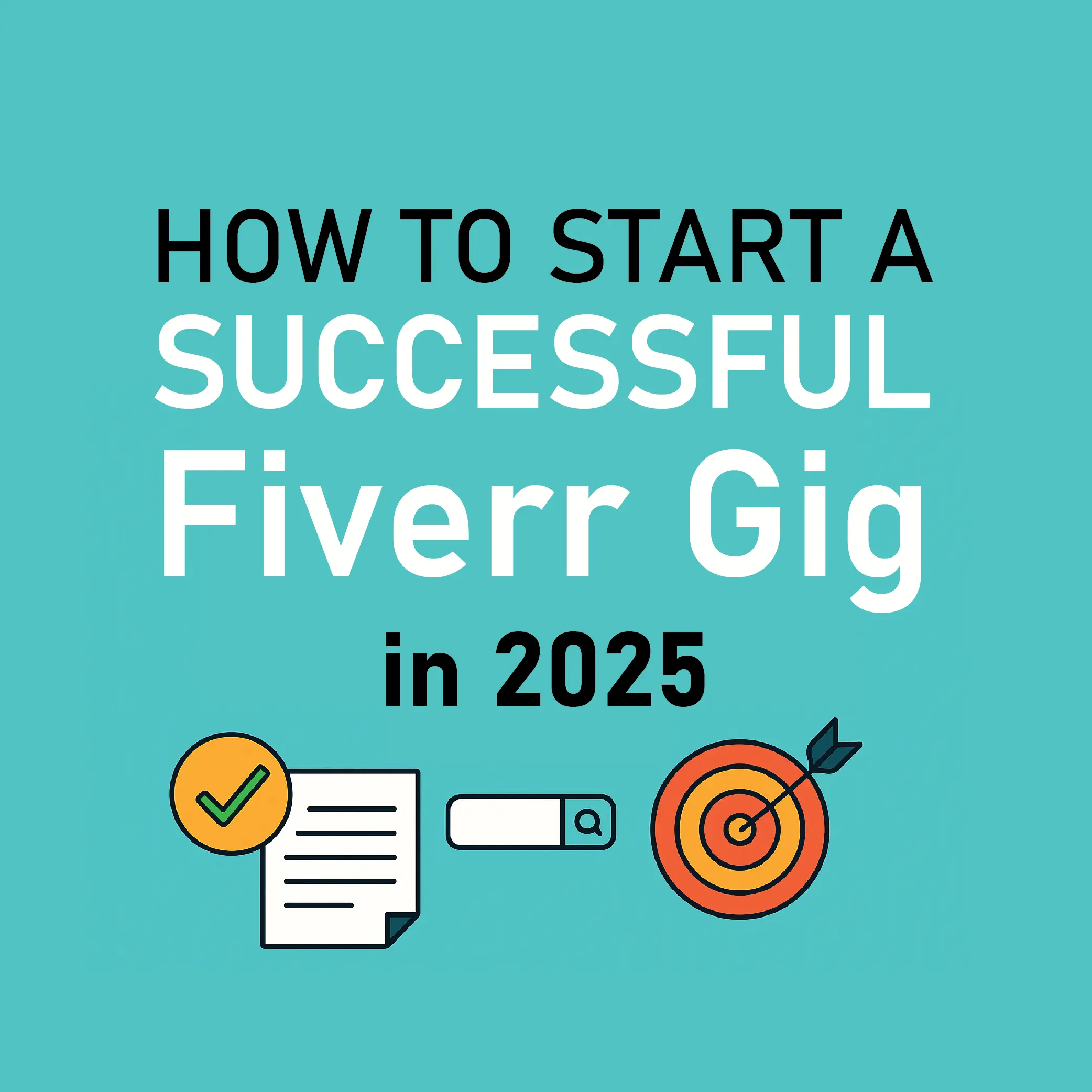 Feature image showing the title 'How to Start a Successful Fiverr Gig in 2025' with colorful business icons, including a checkmark, document, search bar, and target on a turquoise background.