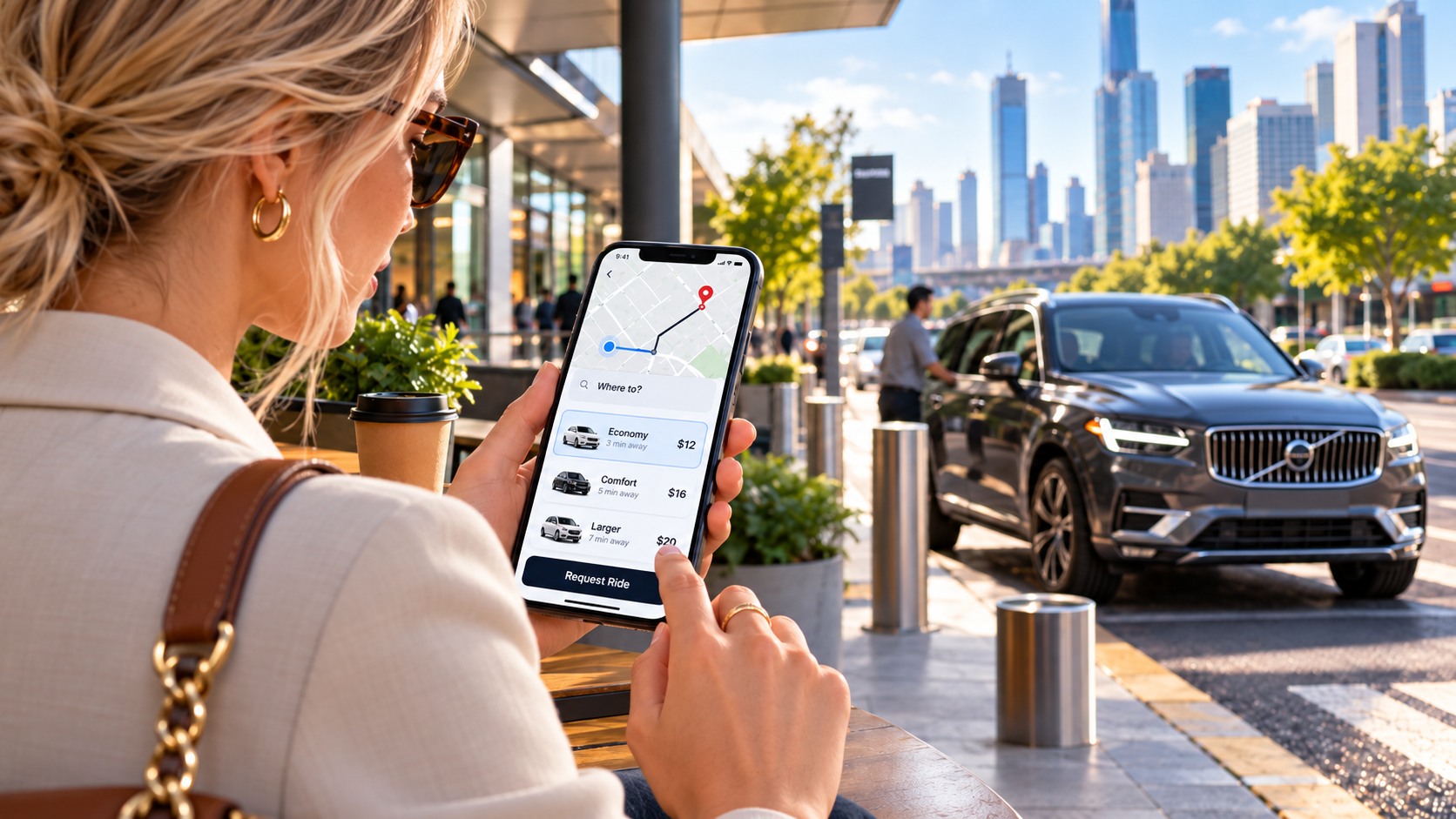 Rider comparing rideshare vehicle options, estimated arrival times, and fares on a smartphone