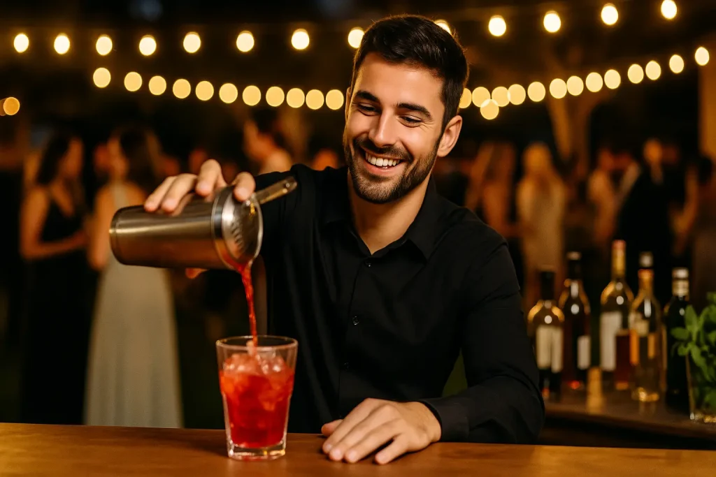 Bartender smiling while pouring a red cocktail at a lively event with guests in the background.