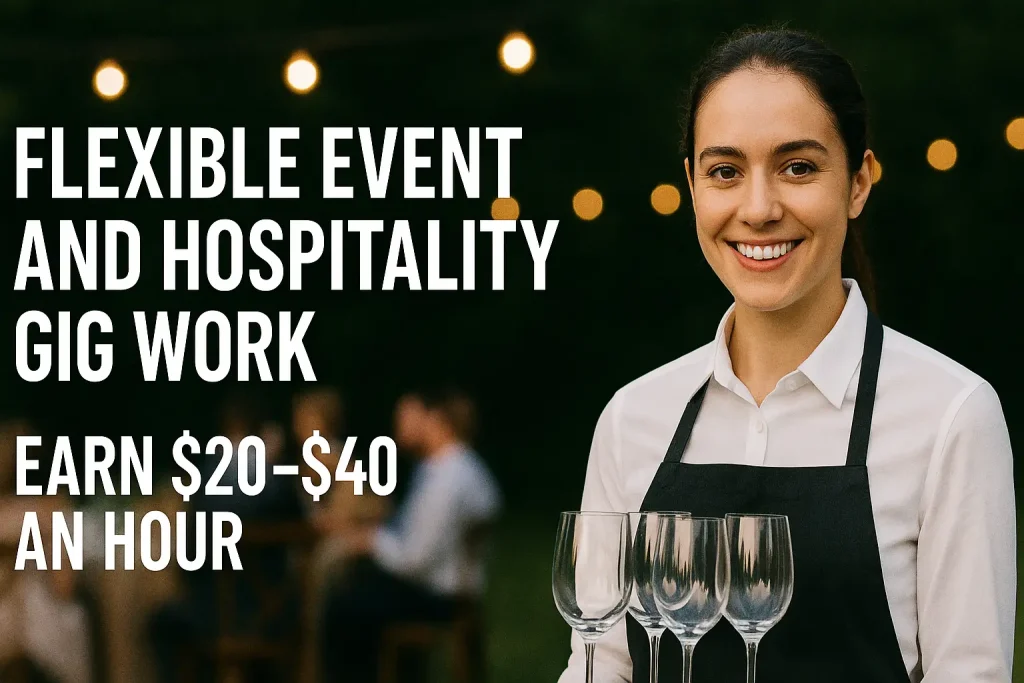 Smiling young woman holding an empty serving tray, promoting flexible event and hospitality gig jobs, with bold text on a light beige background.