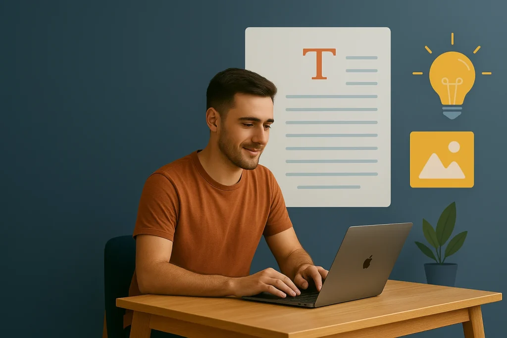 A focused young man working on a laptop at a wooden desk, representing freelance writing in 2025.