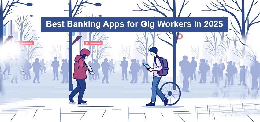 Banner showing top banking apps for gig workers with mobile phones, digital wallet icons, and freelance work symbols.