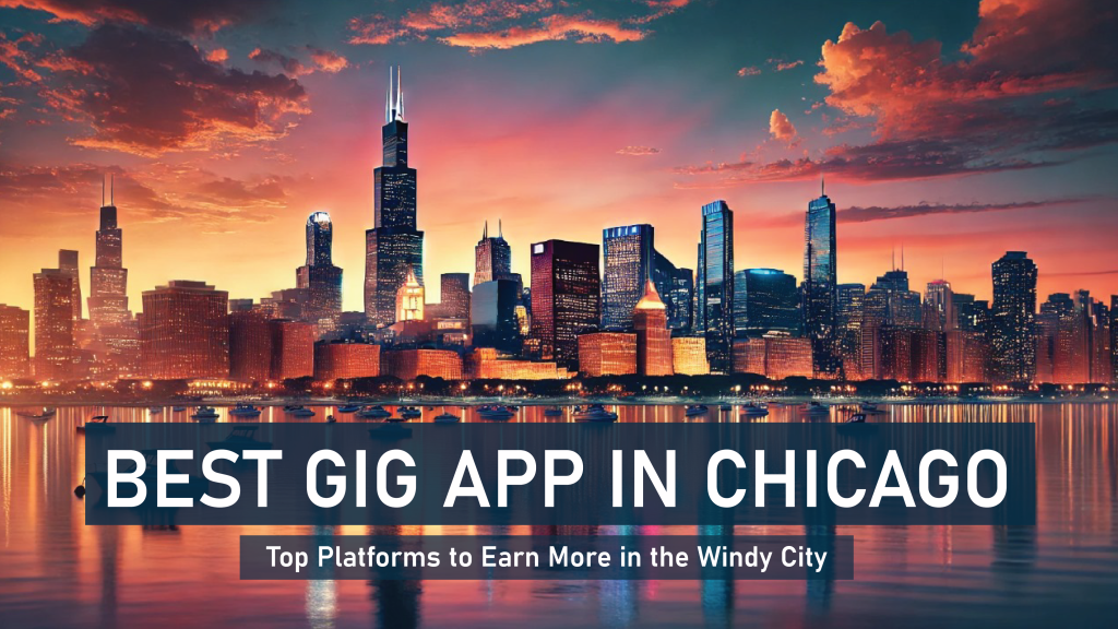 Skyline of downtown Chicago at sunset with the title "Best Gig App in Chicago – Top Platforms to Earn More in the Windy City"