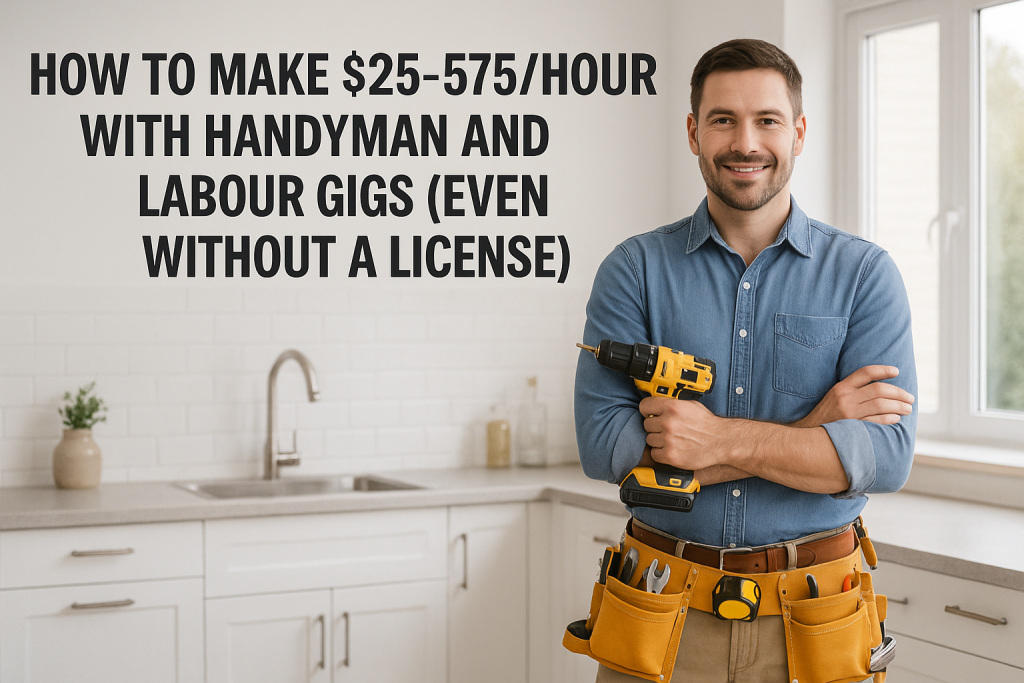 Confident handyman standing in a modern kitchen holding a drill, promoting handyman gig jobs and how to earn $25-$75 per hour without a license.