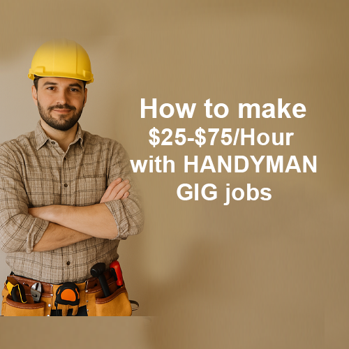 Friendly handyman in a plaid shirt and tool belt standing confidently against a beige wall, promoting how to earn $25-$75/hour with handyman gig jobs and labor gigs without a license.