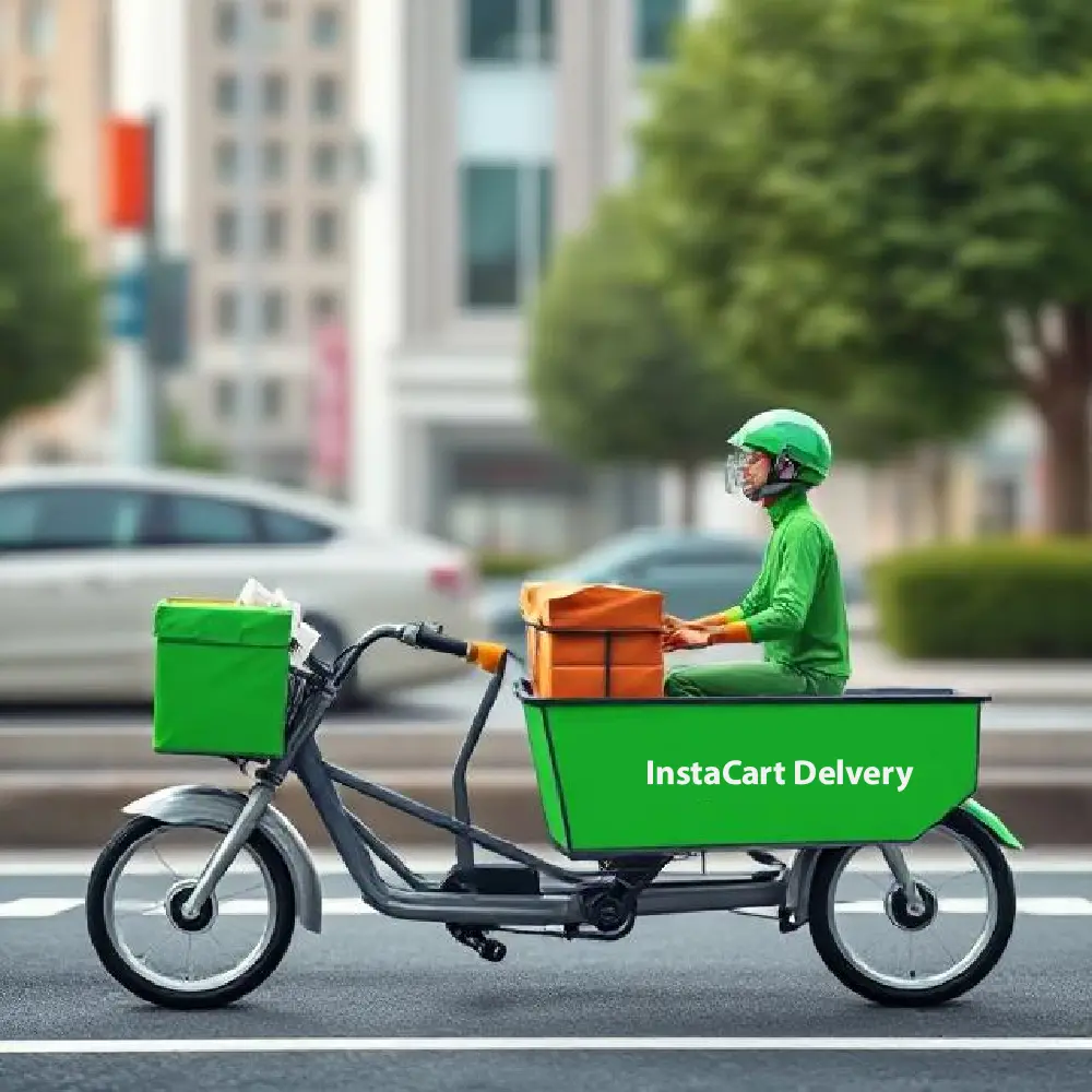 Instacart delivery driver carrying grocery bags to a customer's door