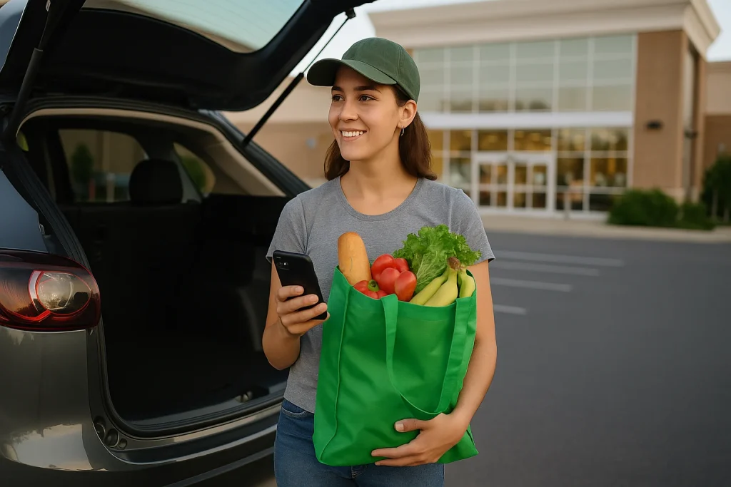 Instacart shopper holding a green grocery bag near car in parking lot