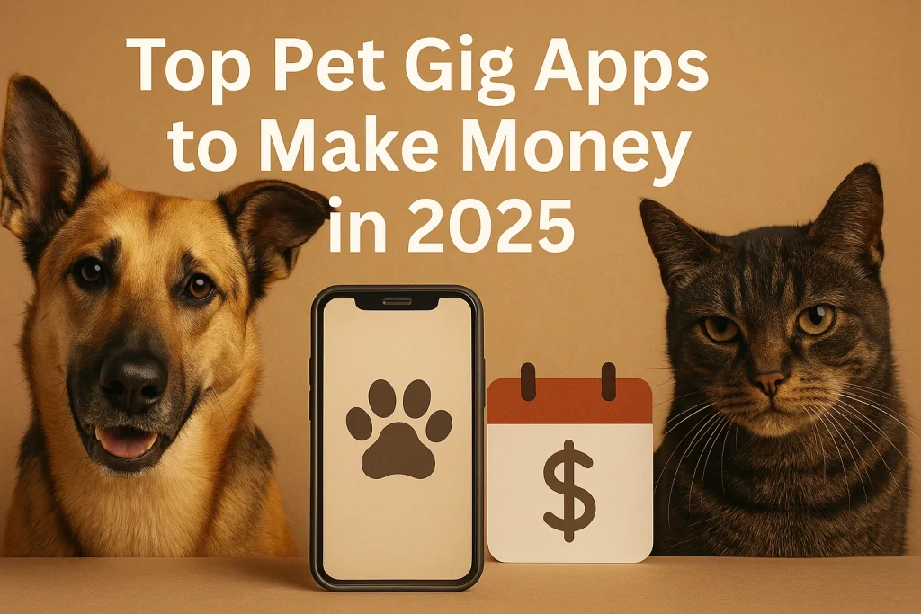 Realistic banner with a German Shepherd mix and dark tabby cat beside a phone and calendar, promoting pet gig apps for flexible income in 2025.
