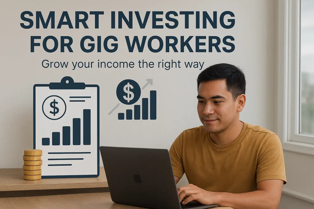 Flat illustration of a gig worker using a smartphone and laptop to manage finances, surrounded by icons of money, graphs, and investment tools.