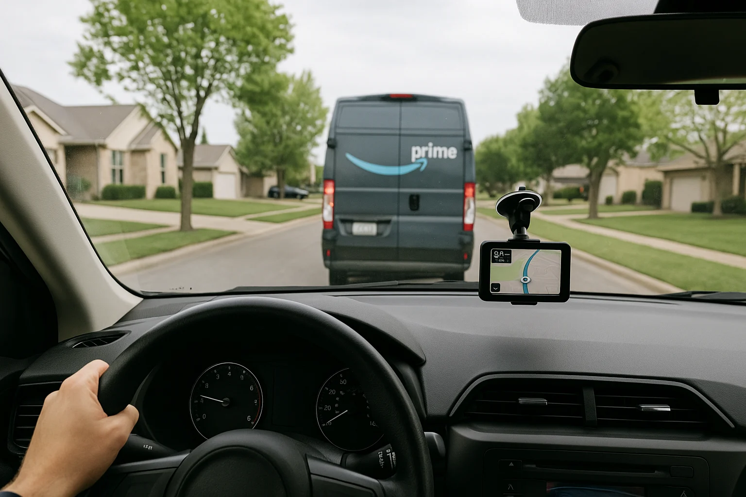 Amazon Flex driver’s view following a Prime van through a suburban neighborhood using GPS.