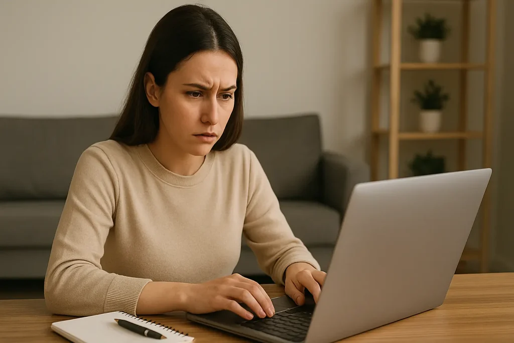 Focused freelancer in beige sweater working on laptop from home