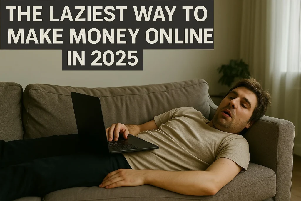 Man in casual clothes sleeping on a couch with a laptop on his lap, representing the laziest way to make money online in 2025.