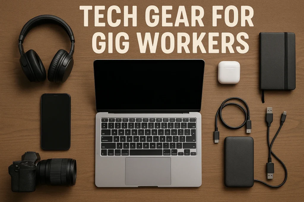 Flat lay of tech gear for gig workers including laptop, smartphone, headphones, camera, notebook, charging cables, and power bank on wooden surface