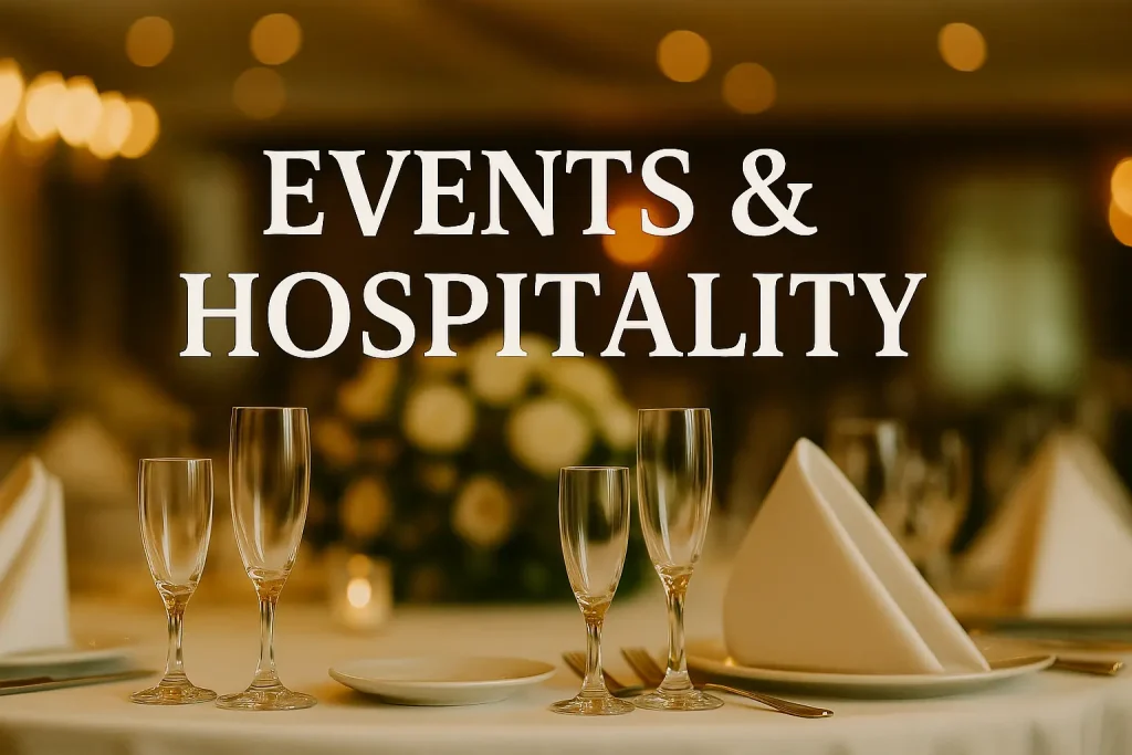 Elegant table setup with glassware and folded napkins, text 'Events & Hospitality' centered over blurred background