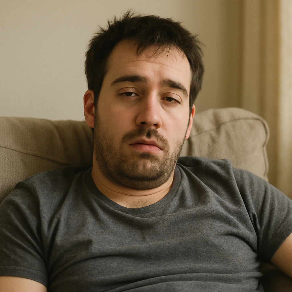 Tired man in his 30s sitting on a couch wearing a gray t-shirt, looking lazy and unmotivated.