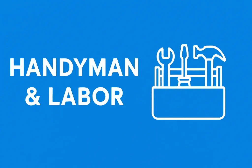 Blue banner with white text 'Handyman & Labor' and a toolbox icon featuring a wrench, screwdriver, and hammer