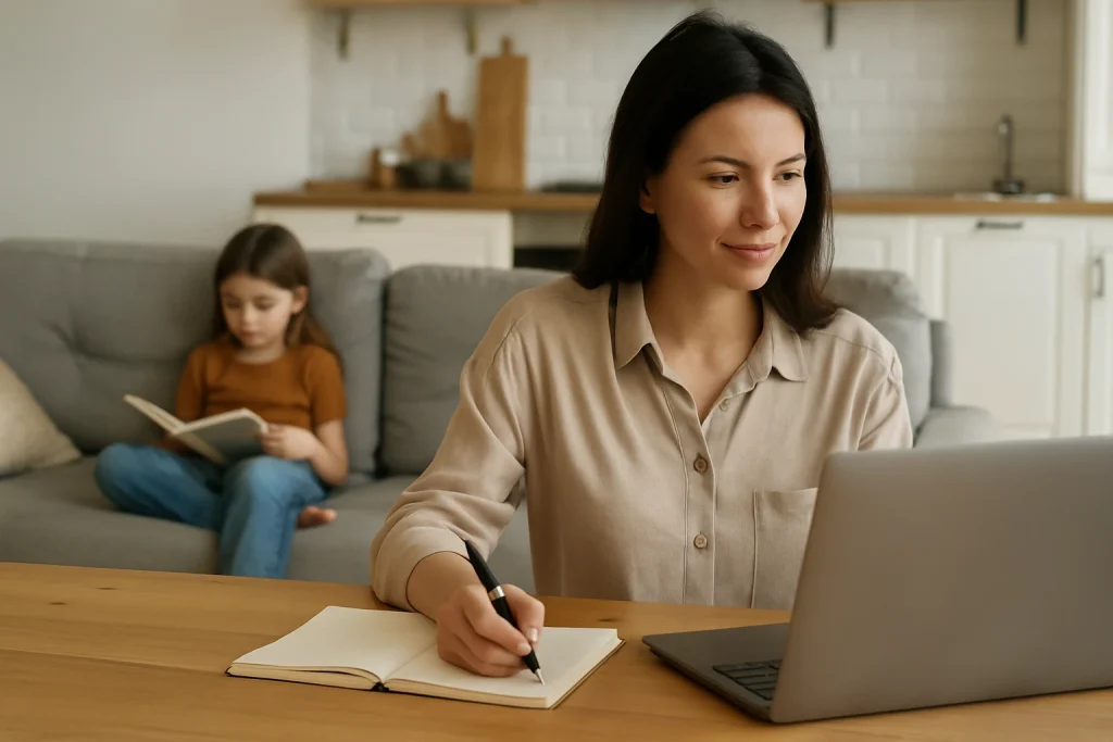 A single mom working from home on a laptop while her daughter quietly reads in the background, illustrating flexible jobs for single moms.