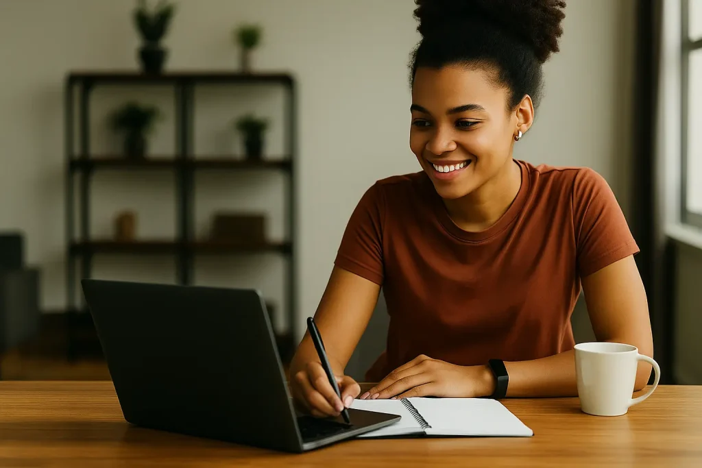 Smiling woman working on gig income strategy at home with a laptop and notebook.