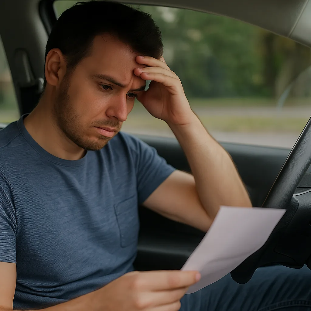 Stressed gig worker sitting in a car reviewing an expense paper, highlighting the hidden costs of gig work.