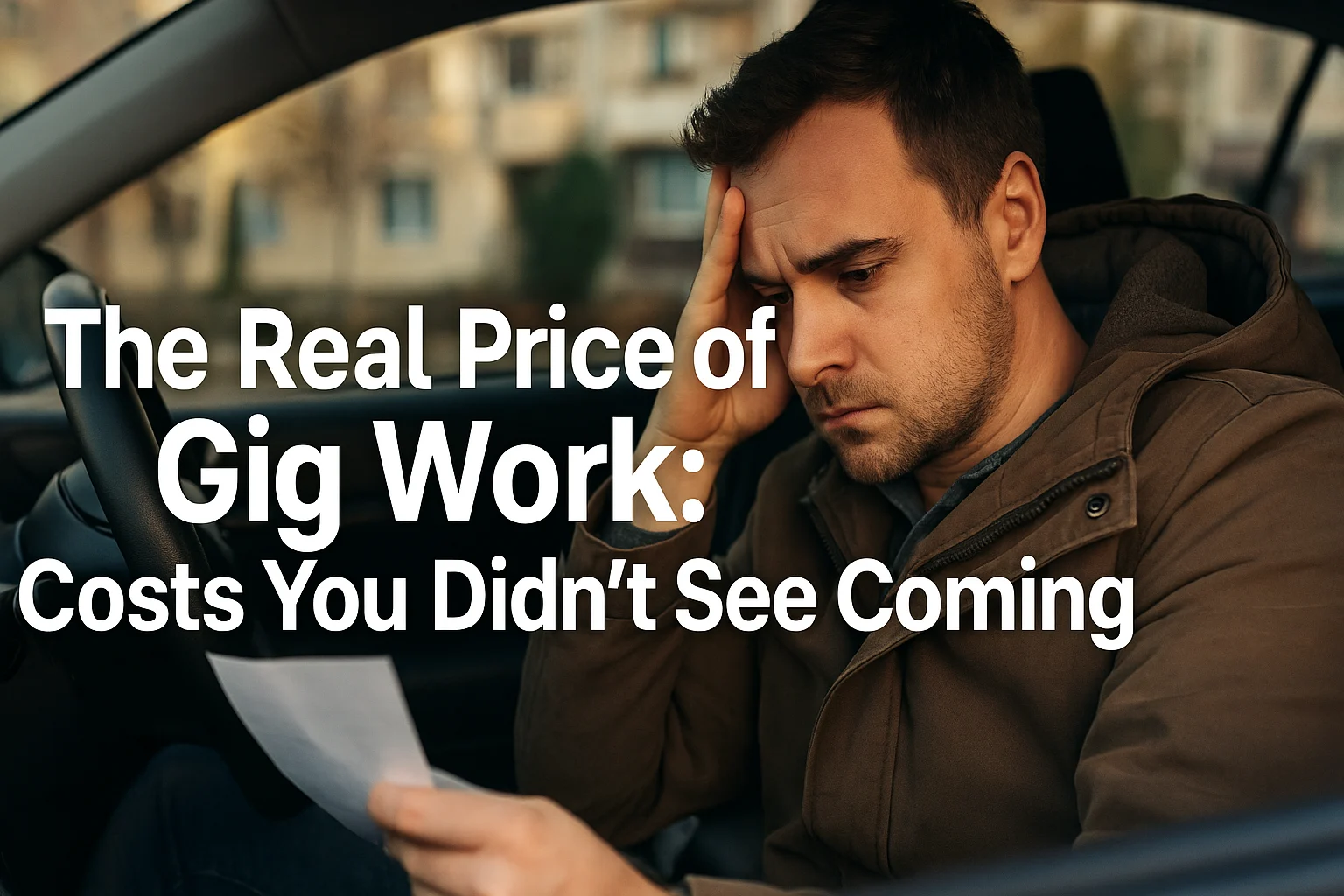 Stressed gig worker sitting in a car reviewing an expense paper, highlighting the hidden costs of gig work.