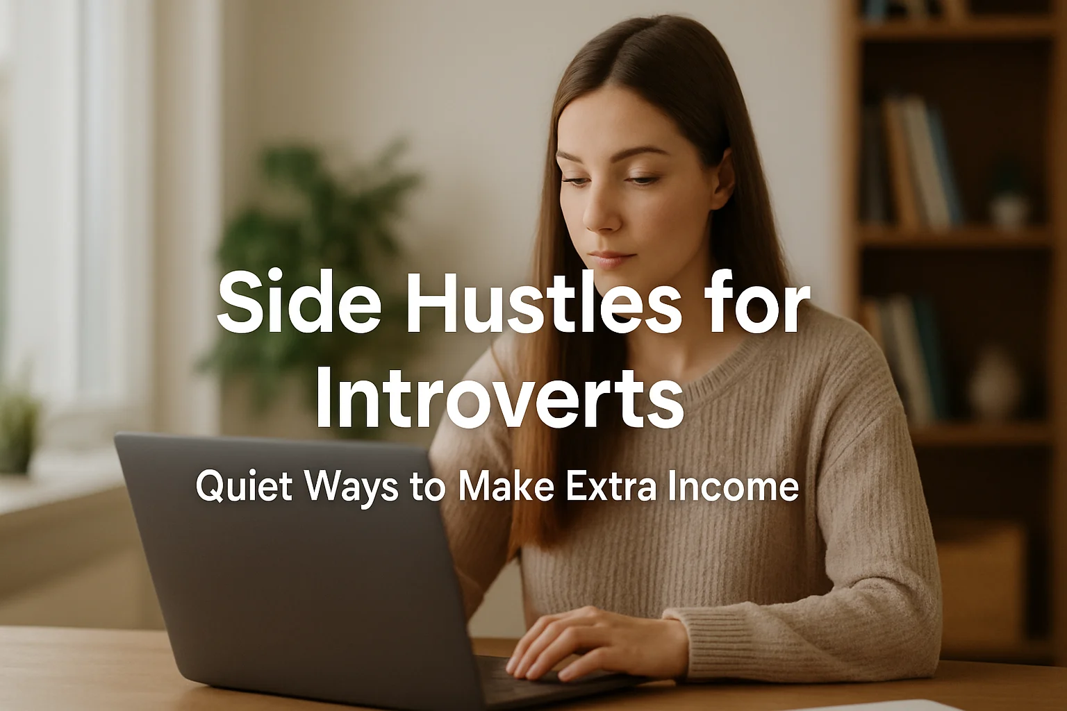 Young woman working quietly on a laptop at home — a perfect scene representing a side hustle for introverts.