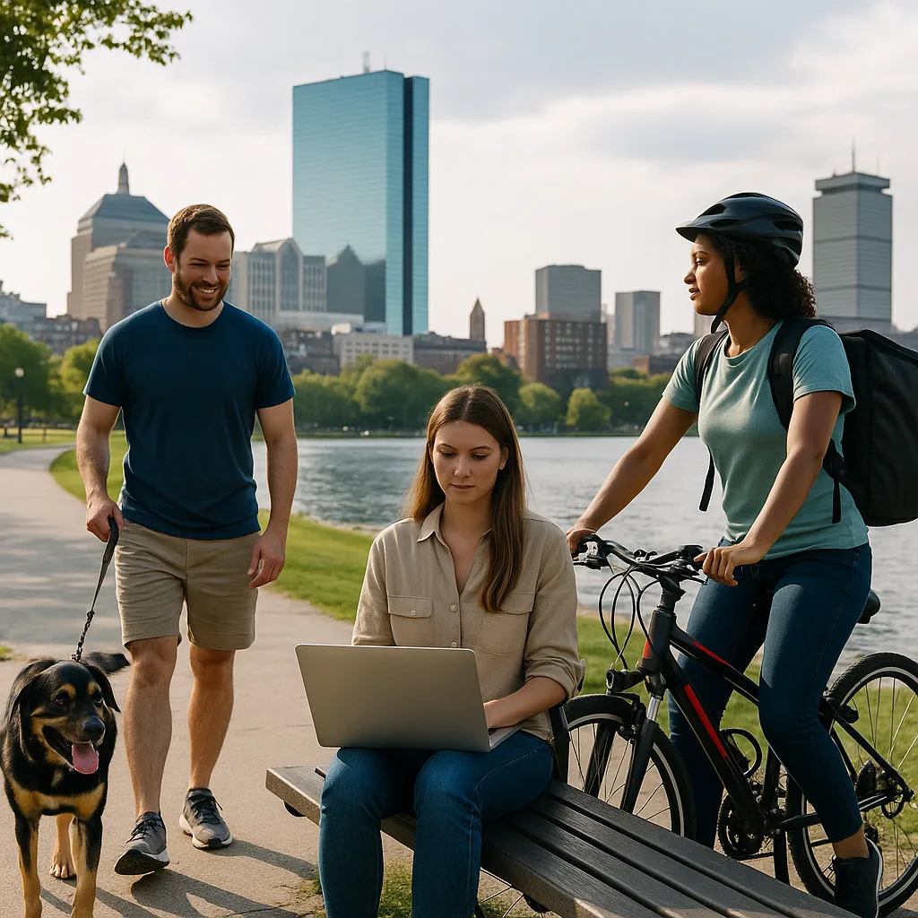 Three gig workers—one walking a dog, one biking, and one working on a laptop—engaged in flexible jobs along a scenic urban path with the Boston skyline in the background.