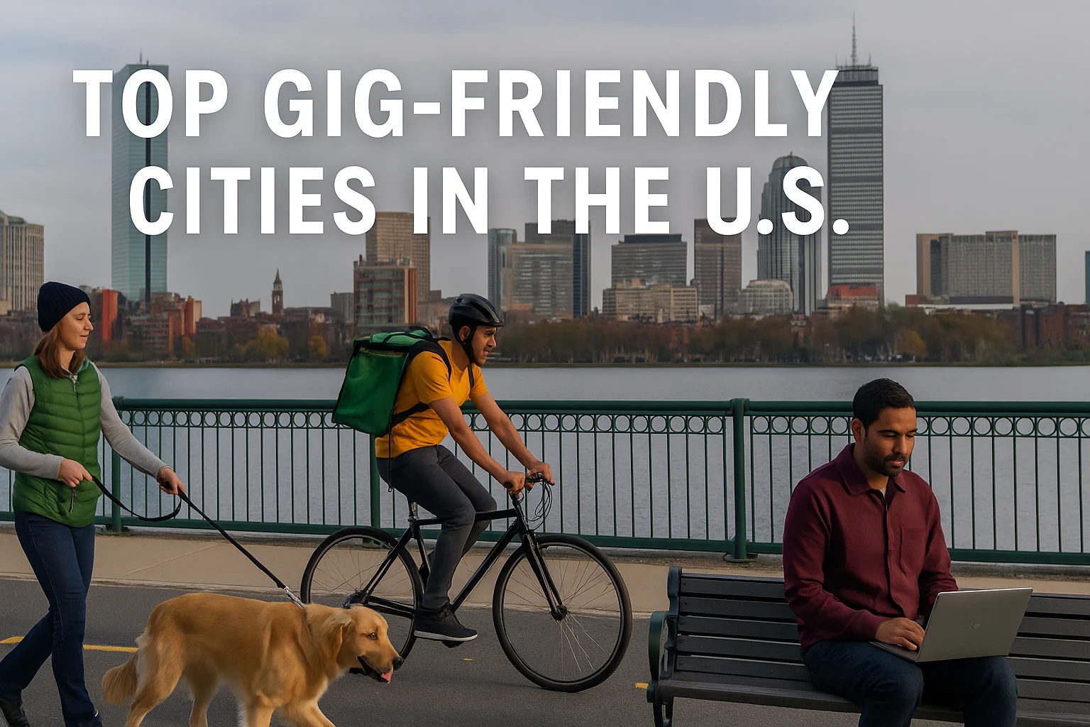People working gig jobs in one of the top gig-friendly cities in the U.S., with Boston skyline in the background.